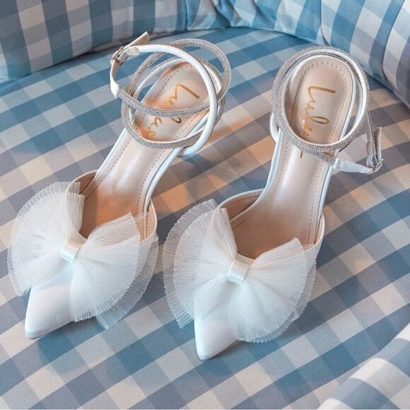 Lulus Lelanee White Satin Rhinestone Bow Ankle Strap Pumps - Picture 16 of 16
